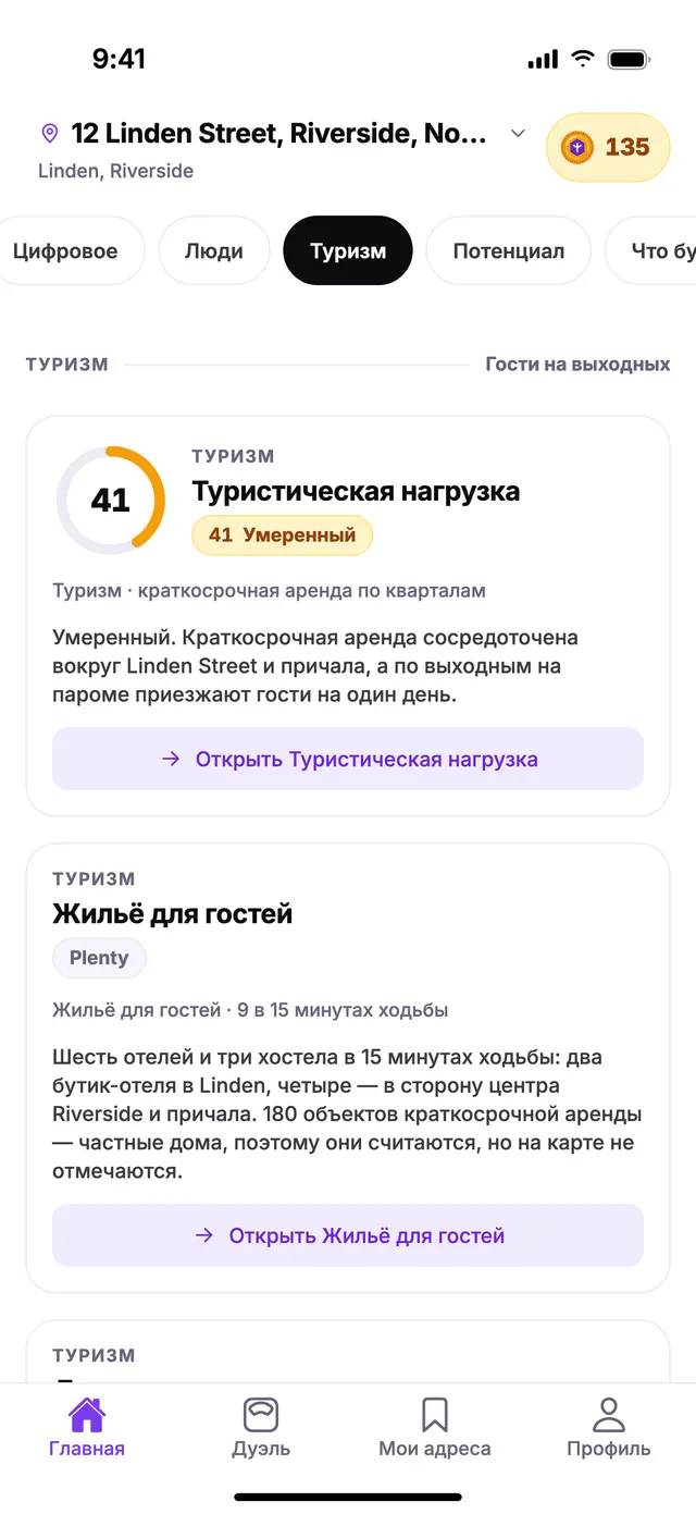 Группа «Туризм» на экране «Главная» в TownSpec для адреса из примера.