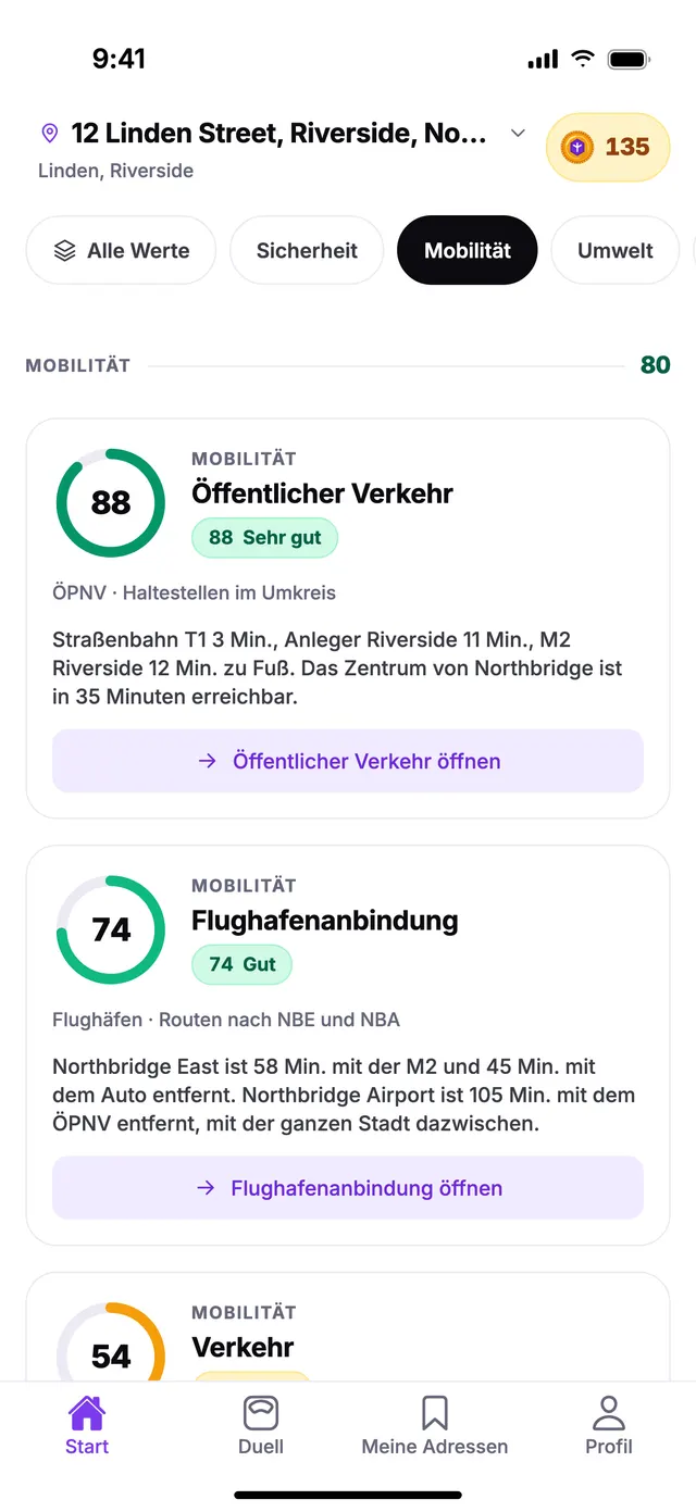 Die Gruppe Mobilität auf dem Startbildschirm von TownSpec, für eine Beispieladresse.