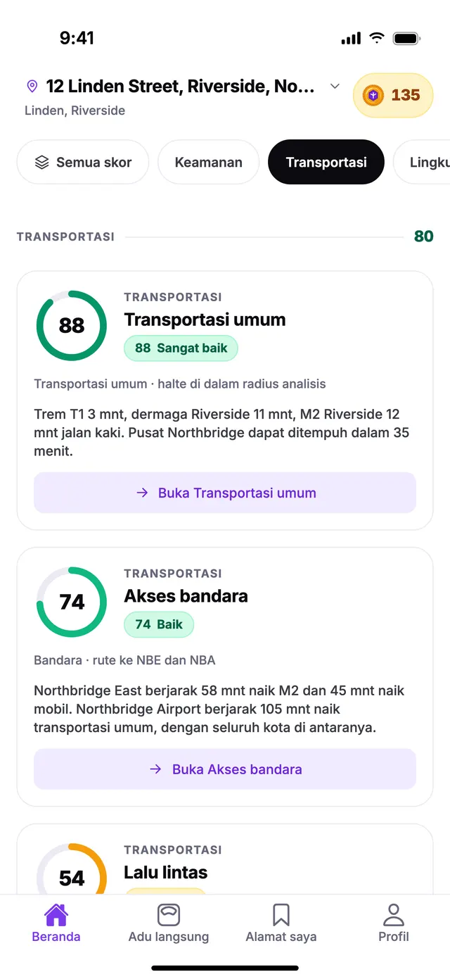 Grup Transportasi di layar Beranda TownSpec, untuk alamat contoh.