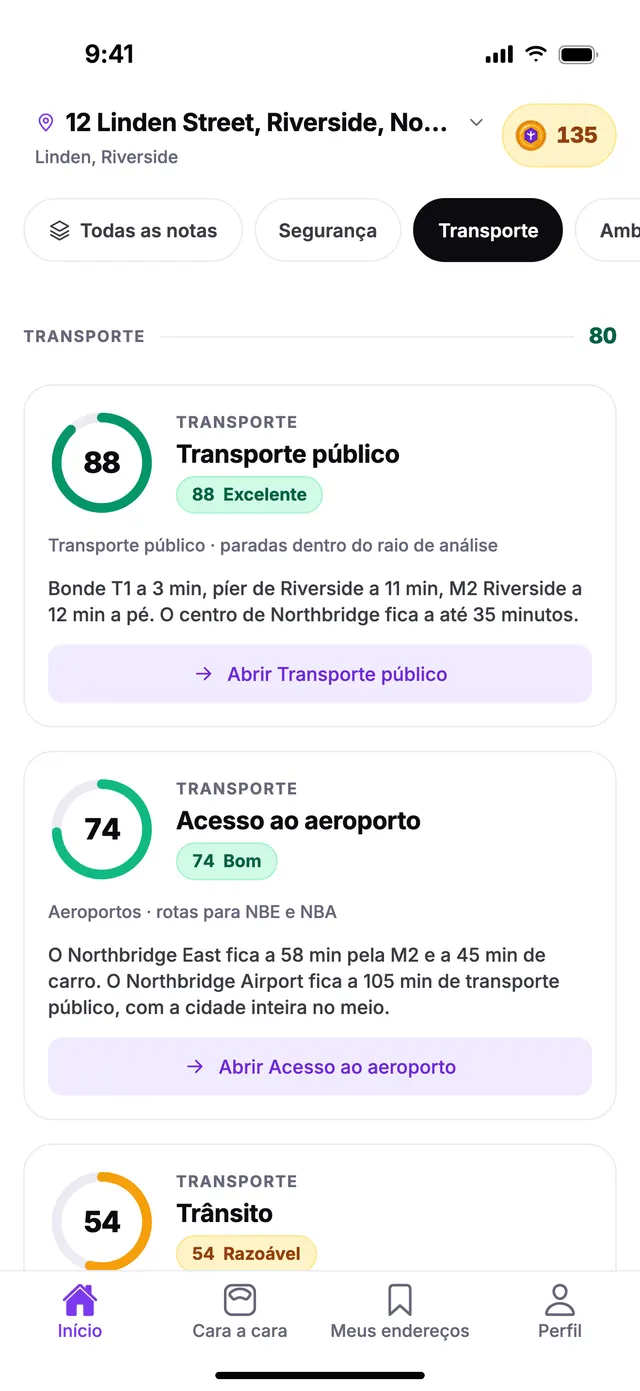 O grupo Transporte na tela Início do TownSpec, para um endereço de exemplo.