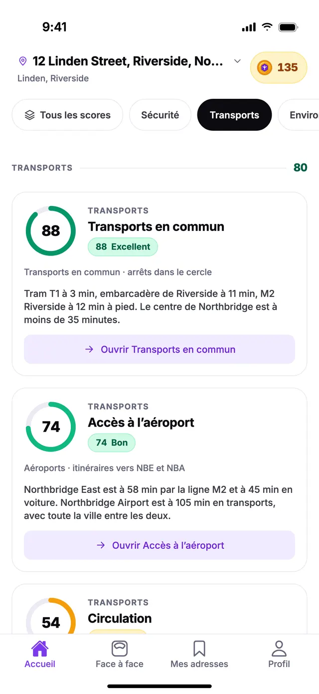 Le groupe Transports sur l’écran Accueil de TownSpec, pour une adresse d’exemple.