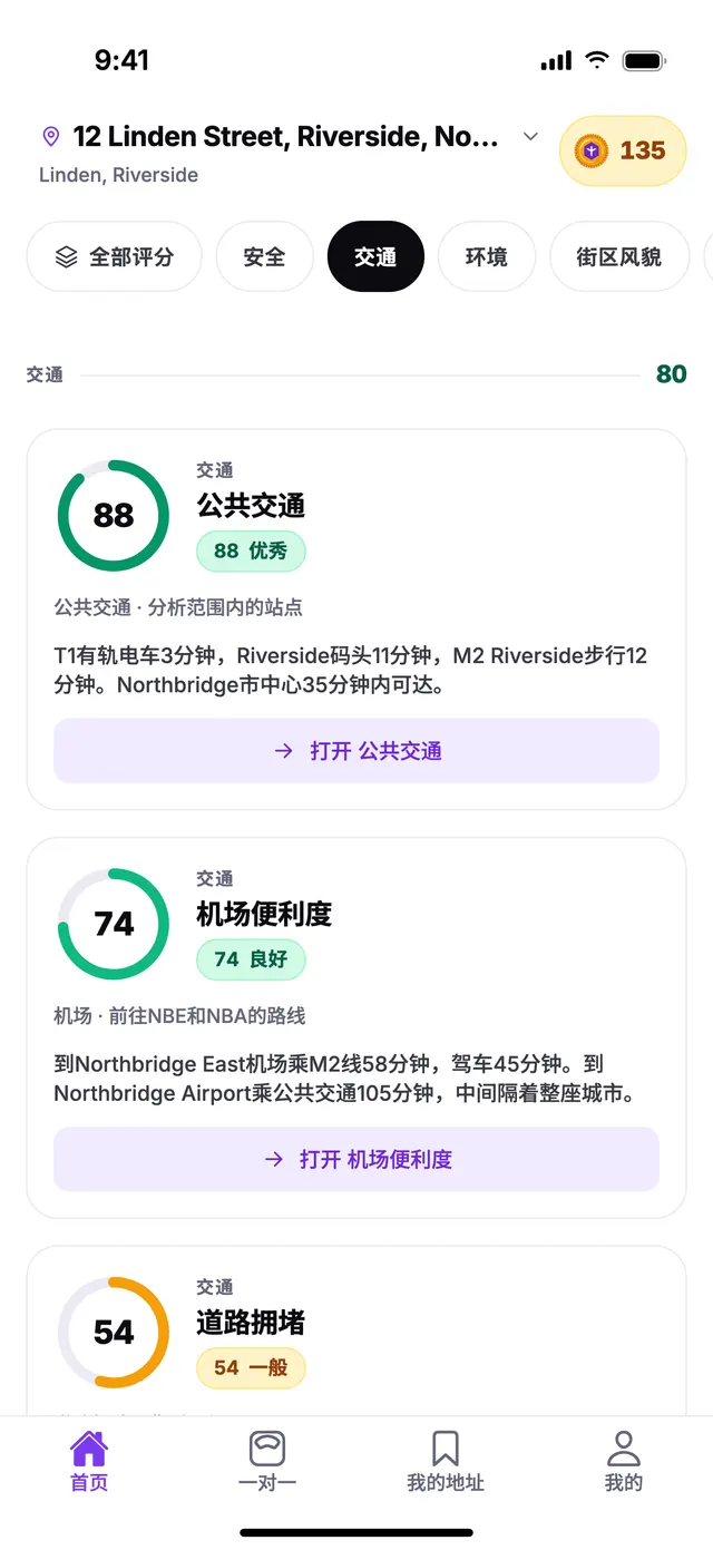 TownSpec 首页上，示例地址的交通分组。