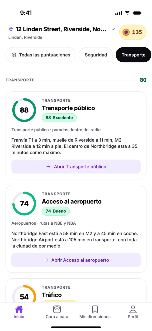 El grupo Transporte en la pantalla de Inicio de TownSpec, con una dirección de ejemplo.
