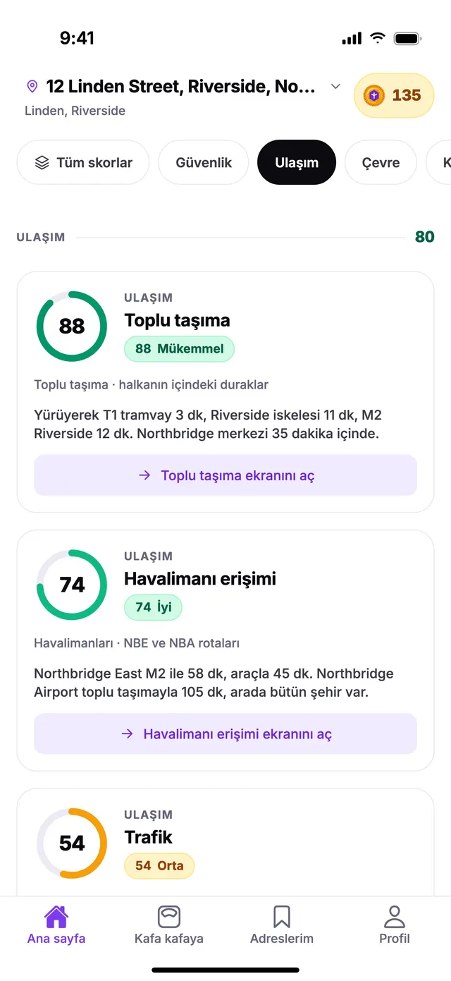 TownSpec Ana sayfasında Ulaşım grubu, örnek bir adres için.