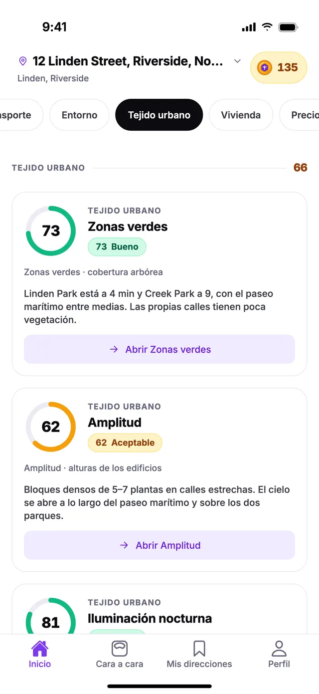 El grupo Tejido urbano en la pantalla de Inicio de TownSpec, con una dirección de ejemplo.