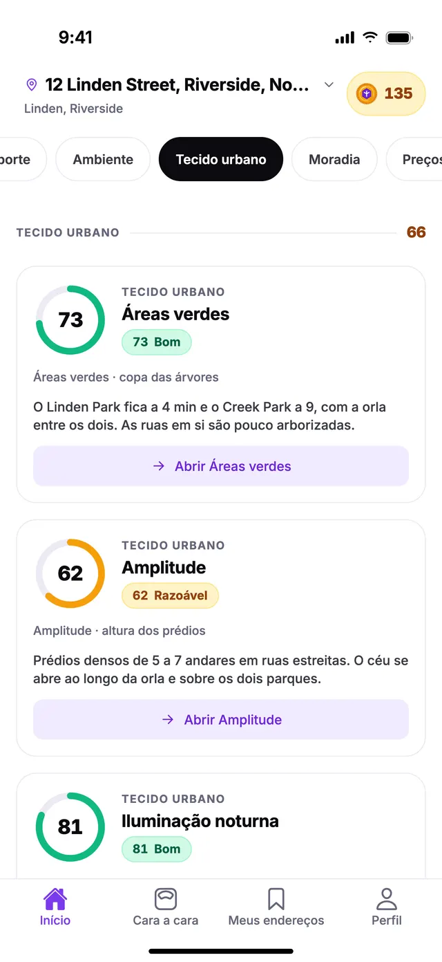O grupo Tecido urbano na tela Início do TownSpec, para um endereço de exemplo.
