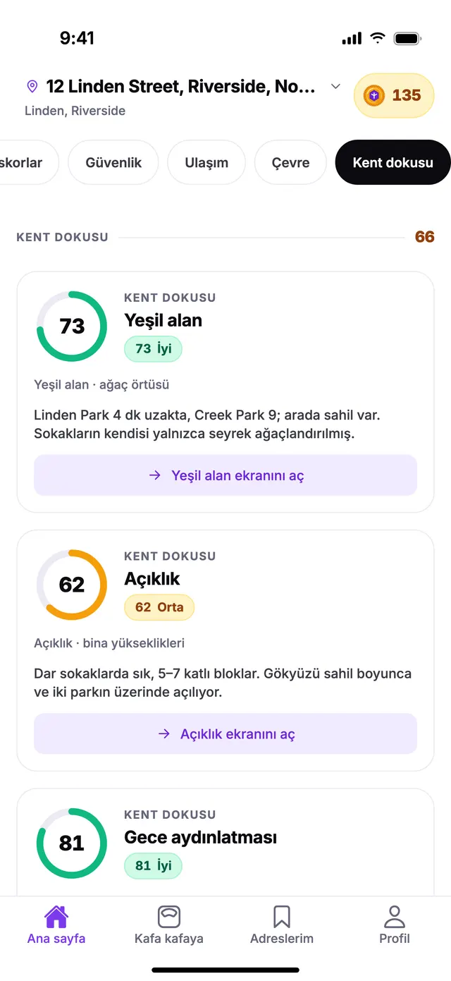 TownSpec Ana sayfasında Kent dokusu grubu, örnek bir adres için.