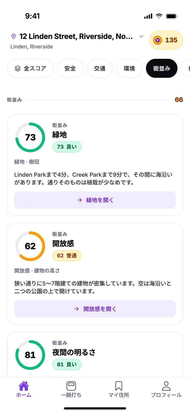 TownSpecのホーム画面にある街並みグループ。サンプル住所での表示例です。
