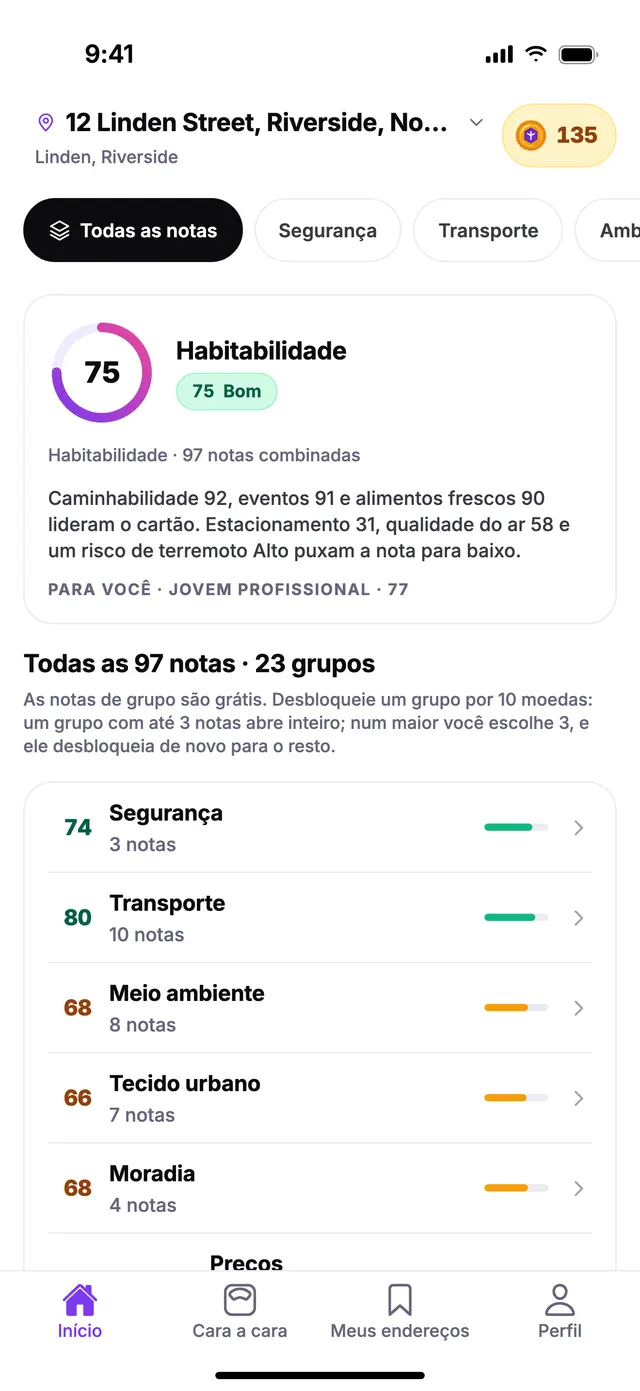 A tela Início do TownSpec: a nota de habitabilidade e a nota de cada grupo, para um endereço de exemplo.