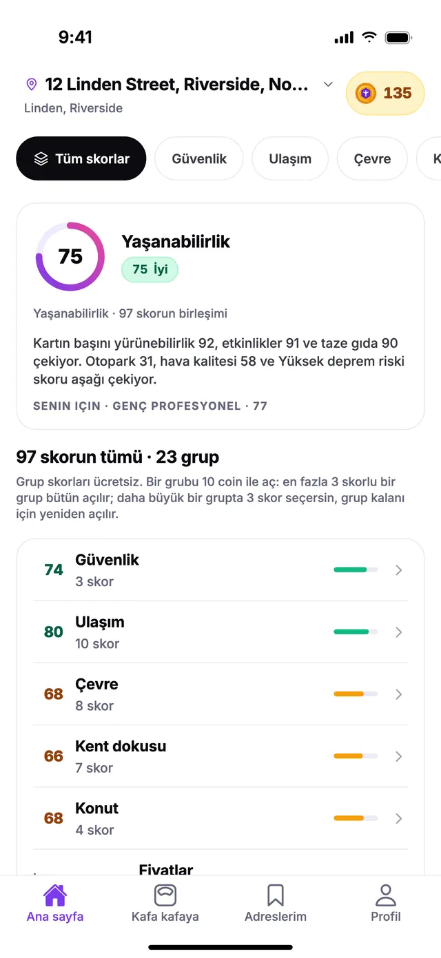 TownSpec'in Ana sayfası: örnek bir adres için yaşanabilirlik skoru ve her grubun skoru.