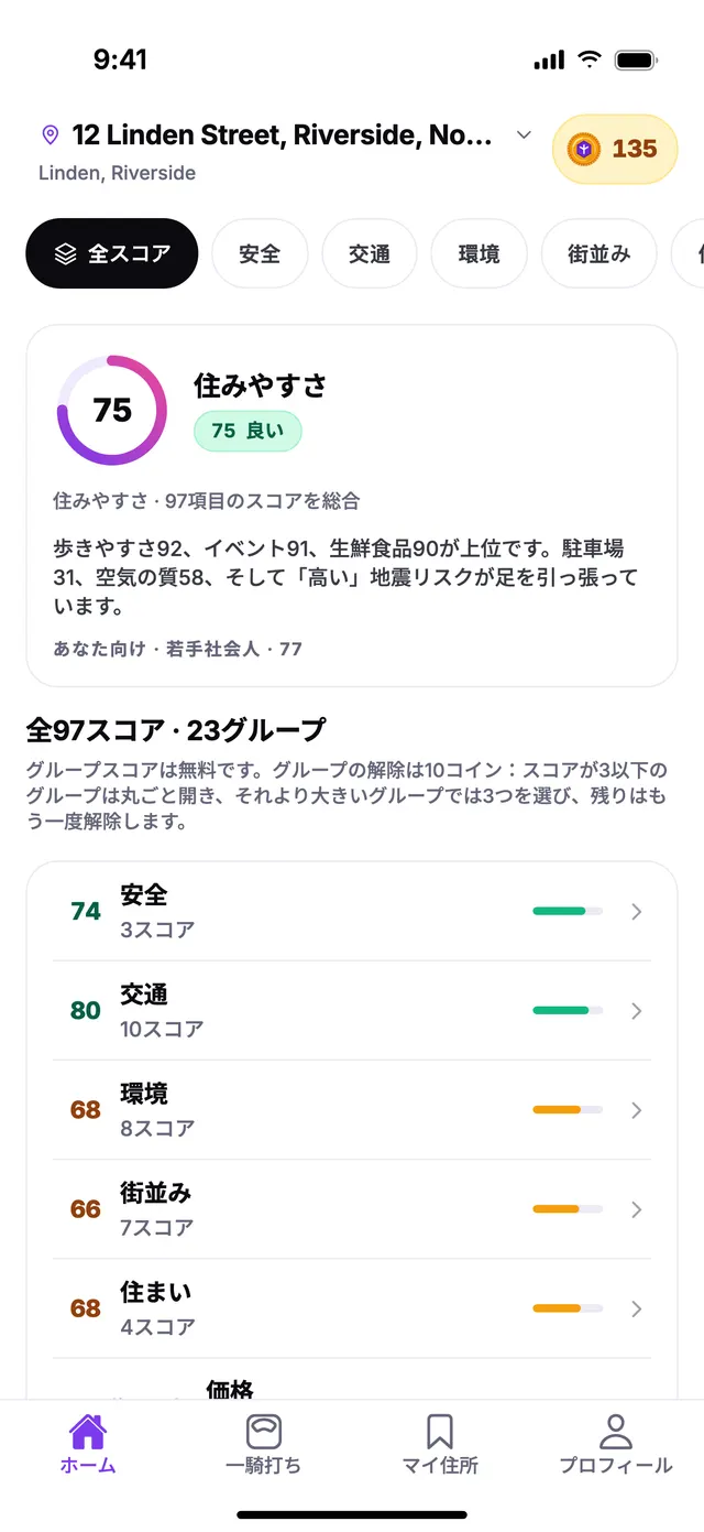 TownSpecのホーム画面：サンプル住所の住みやすさスコアと、各グループのスコア。