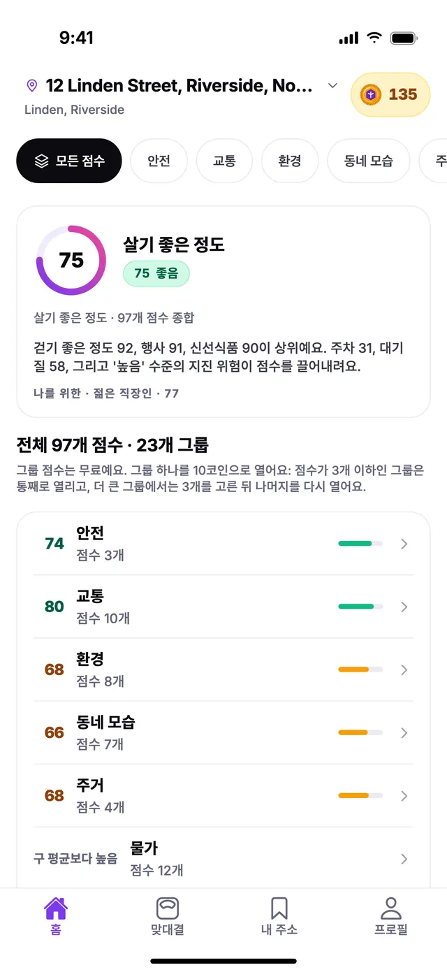 TownSpec의 홈 화면: 예시 주소의 살기 좋은 정도와 모든 그룹 점수.