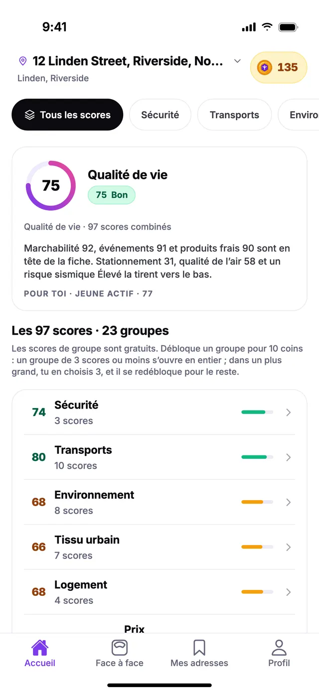 L’écran Accueil de TownSpec : le score de qualité de vie et le score de chaque groupe pour une adresse d’exemple.
