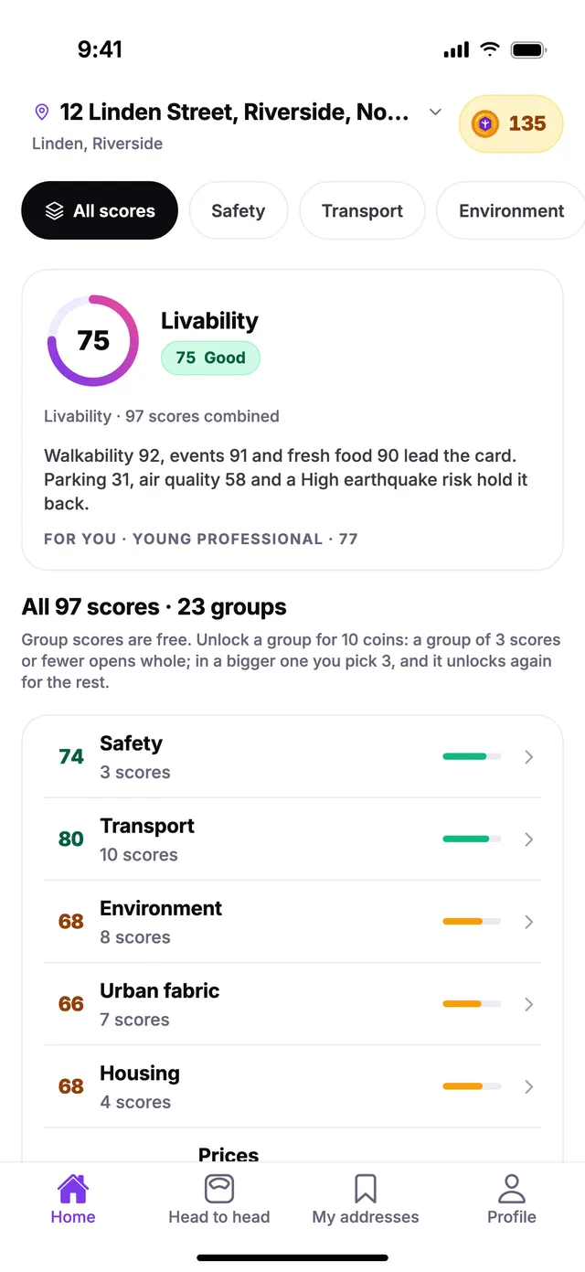 The Home screen of TownSpec: the livability score and every group score for an example address.