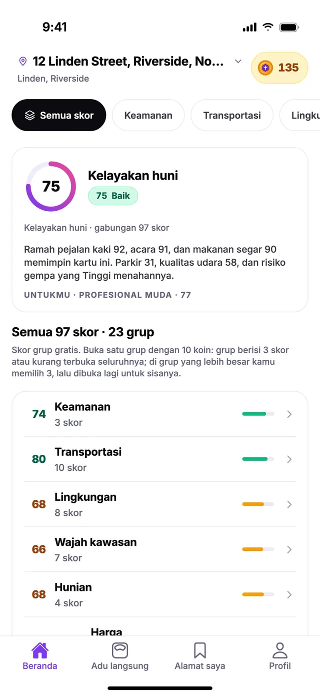 Layar Beranda TownSpec: skor kelayakan huni dan skor setiap grup untuk alamat contoh.