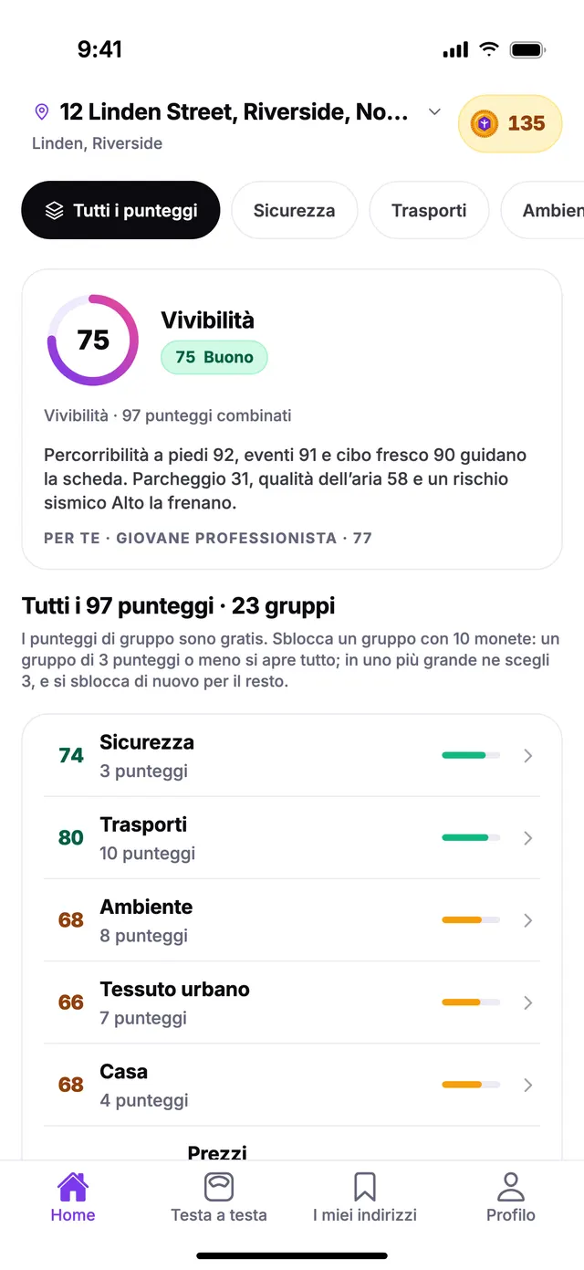 La schermata Home di TownSpec: il punteggio di vivibilità e quello di ogni gruppo, per un indirizzo di esempio.