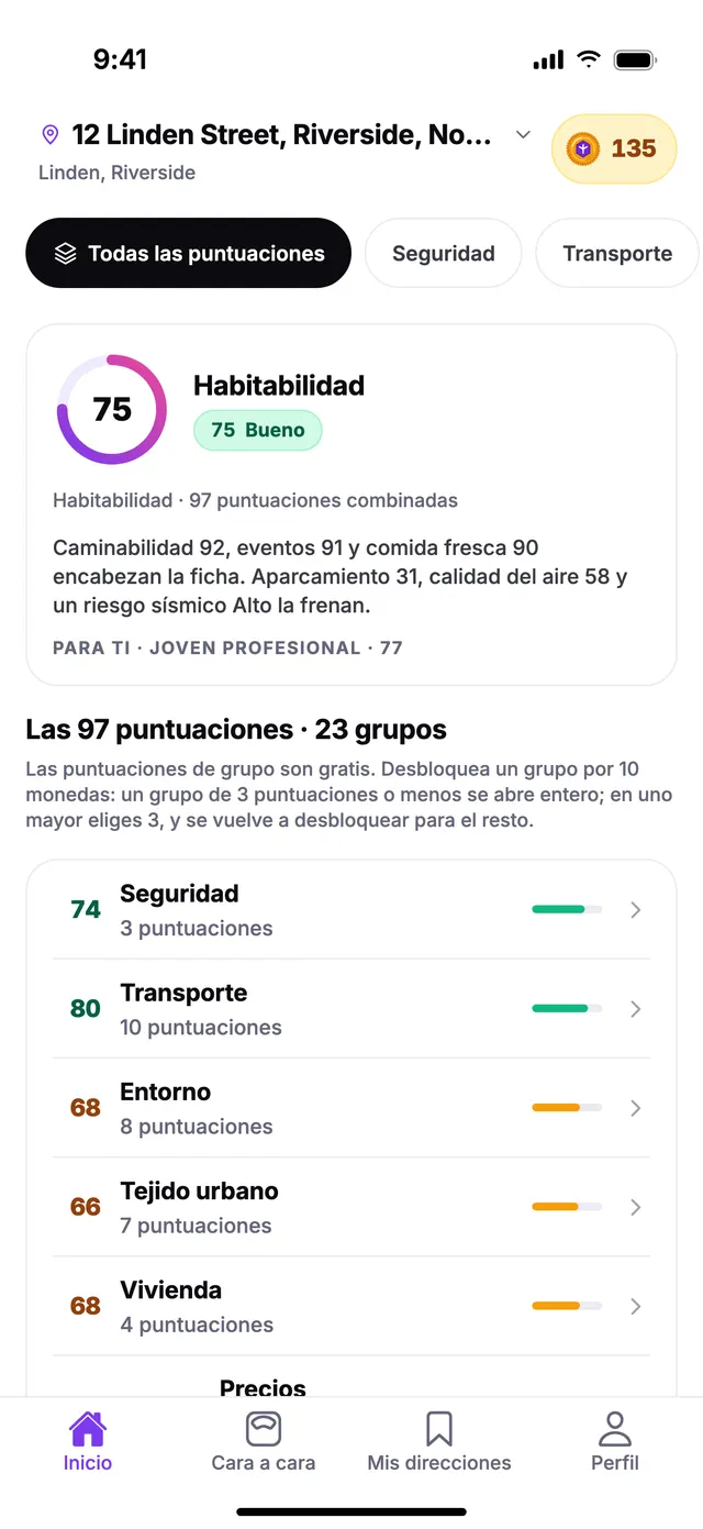 La pantalla de Inicio de TownSpec: la puntuación de habitabilidad y la de cada grupo para una dirección de ejemplo.