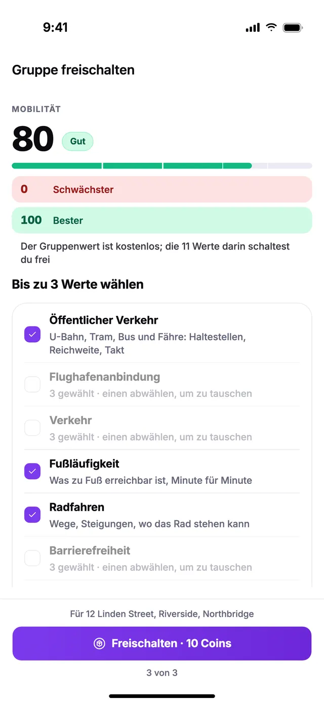 Eine Gruppe freischalten: Wähle bis zu 3 ihrer Werte.