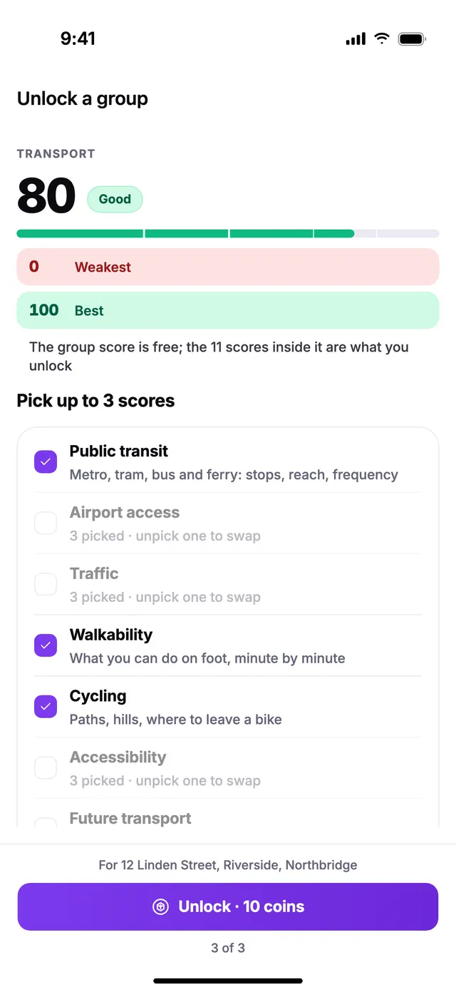 Unlocking a group: pick up to 3 of its scores.